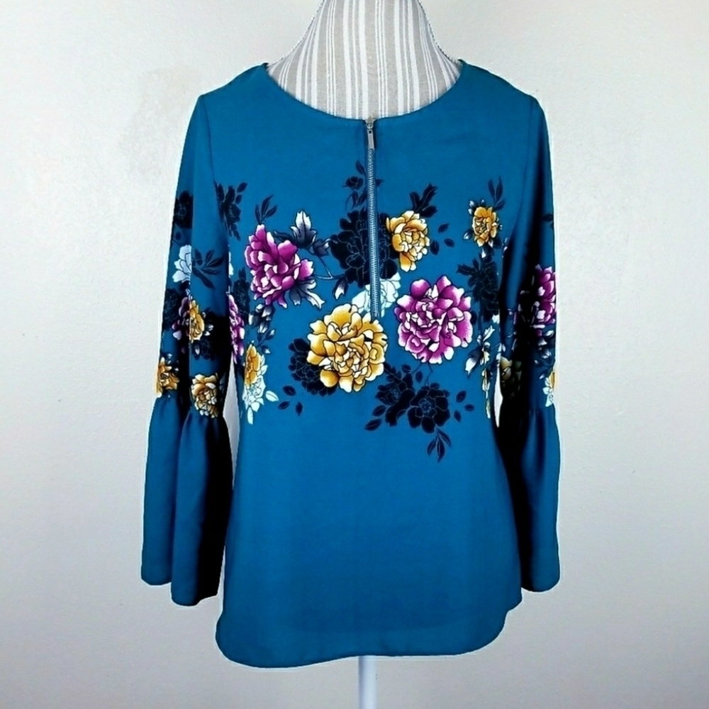 Apt. 9 Bell Sleeve Teal Boho Zipper Floral Top - Picture 1 of 4